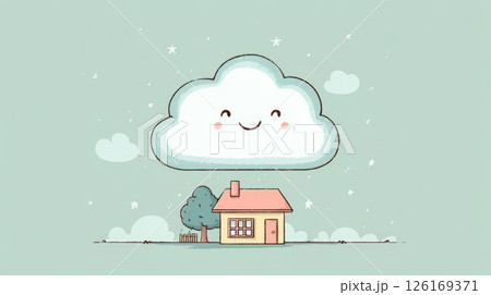 Cartoon Cloud Hovering Over Cozy Cottage in Pastel Colors 126169371