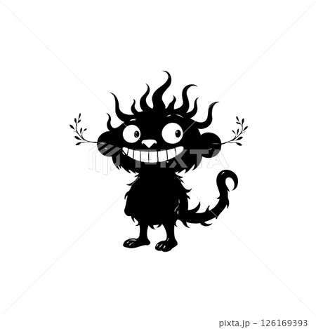 Whimsical silhouette: An enigmatic creature with an expressive smile on white expanse 126169393