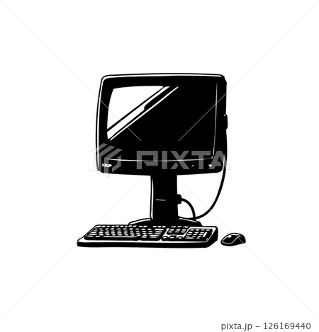 Retro computer setup depicted with bold lines and strong contrast illustration 126169440