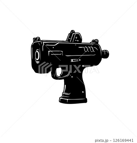Stylized depiction of a compact firearm with exaggerated features and solid shading 126169441