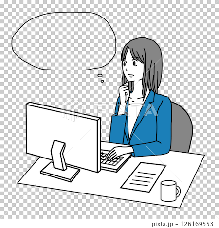 Illustration of a young business woman thinking at a computer 126169553