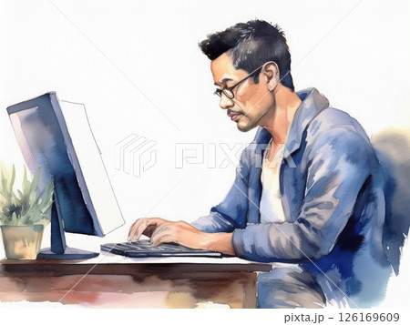 パソコンを操作するシニア男性の水彩画 パソコンを操作するシニア男性の水彩画 126169609