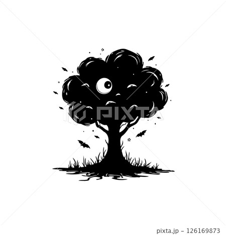 Spooky single eyed tree with bats, eerie cartoon illustration style art 126169873