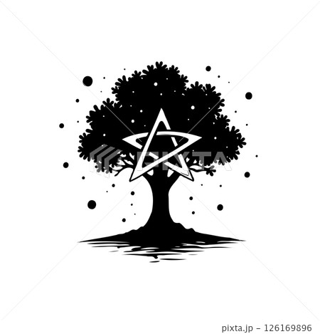 Mystical tree illustration with pentagram element amidst floating particles design Mystical tree illustration with pentagram element amidst floating particles design 126169896