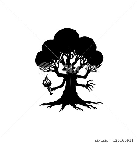 Monochromatic silhouette evoking a sinister tree monster wielding a fiery torch 126169911