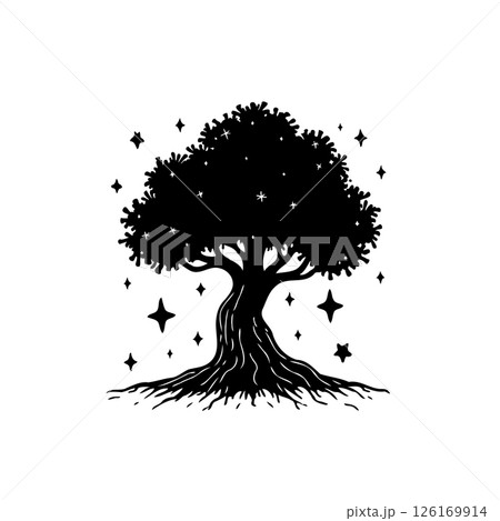 Enigmatic silhouette: Mystical tree with celestial starlight creates enchanting scene Enigmatic silhouette: Mystical tree with celestial starlight creates enchanting scene 126169914