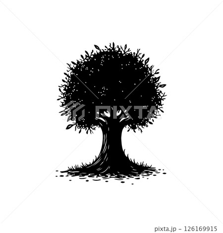Monochromatic silhouette exhibiting a flourishing arbor against a stark backdrop 126169915