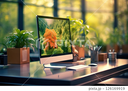Sleek Workspace Harmony Green Office Desk Showcasing Modern Work Environment with Primary Focus on Computer Screen Excellence. created with Generative AI 126169919