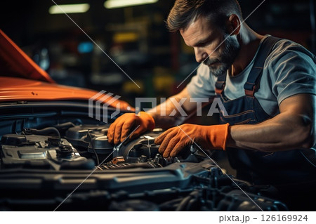 Precision Care Car Mechanic in Overall Uniform Examining Engine Under Hood in a Modern, Immaculate Car Service Station Workshop. created with Generative AI Precision Care Car Mechanic in Overall Uniform Examining Engine Under Hood in a Modern, Immaculate Car Service Station Workshop. created with Generative AI 126169924