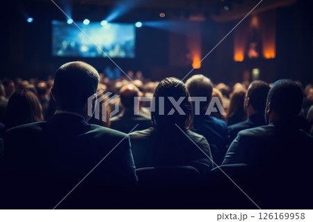 Audience Insight Perspectives from Behind as Attendees Engage with Keynote Speaker, Creating a Captivating Visual of Conference Dynamics. created with Generative AI 126169958