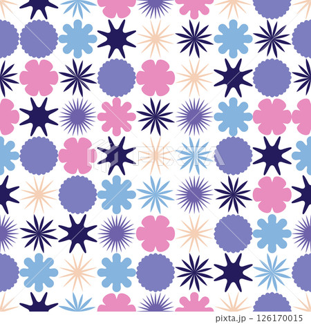 Abstract Seamless Pattern. A mix of Purple lavender pink and blue geometric shapes, stars and circles for modern design Abstract Seamless Pattern. A mix of Purple lavender pink and blue geometric shapes, stars and circles for modern design 126170015