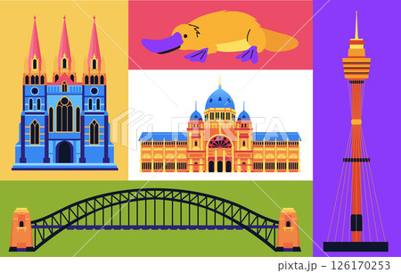 Architecture and animals of Australia - set of flat design style colorful illustrations 126170253
