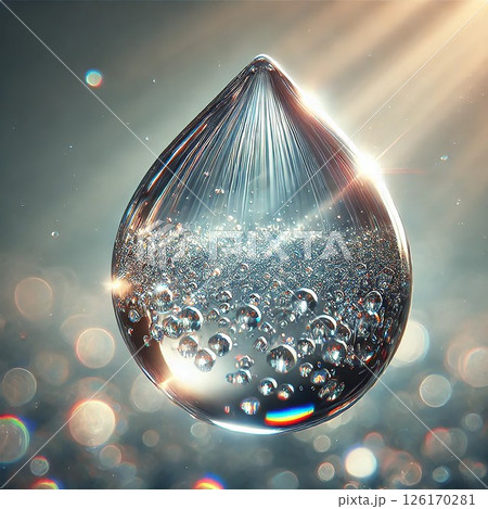 Highly detailed image of a water droplet suspended in mid-air. The droplet is crystal clear, reflecting light and creating tiny droplets. Generative AI. 126170281