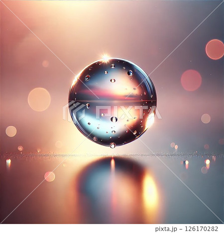 A highly detailed, realistic image of a single drop of water suspended in mid-air, illuminated by soft dawn light. The droplet is crystal clear. Generative AI. 126170282