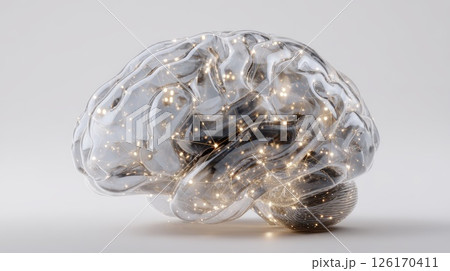 Transparent Brain Model With Glowing Neural Connections Against White Background 126170411