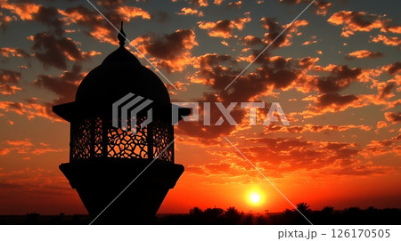 Dramatic Silhouette of Ornate Pavilion at Vibrant Sunset Fiery Sky 126170505