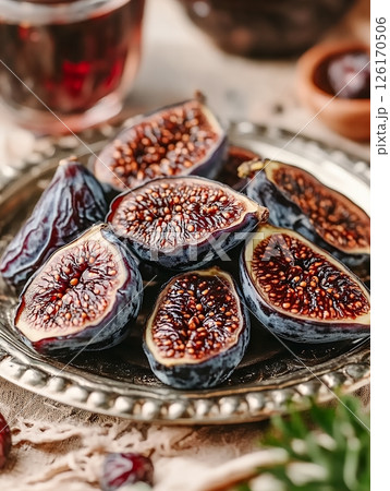 Fresh Halved Figs on Antique Silver Plate Close Up Food Photography 126170506