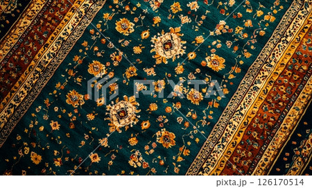 Elegant Teal and Gold Floral Pattern Carpet Texture Rich Vintage Rug Detail 126170514