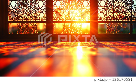 Sunset Glow Through Intricate Lattice Window Warm Golden Light and Shadow Patterns 126170551