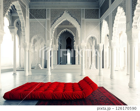 Red Futon in Luxurious White Moroccan Palace Interior Design 126170590