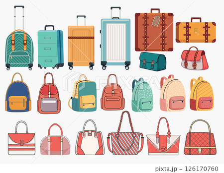 Set of leather and plastic bags and luggage on wheels, 126170760
