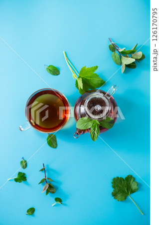 Green tea from currant and mint leaves in a glass teapot Green tea from currant and mint leaves in a glass teapot 126170795