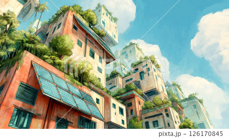 Colorful futuristic buildings with greenery on rooftops, showcasing innovative architecture and sustainable design against a bright blue sky with fluffy clouds 126170845