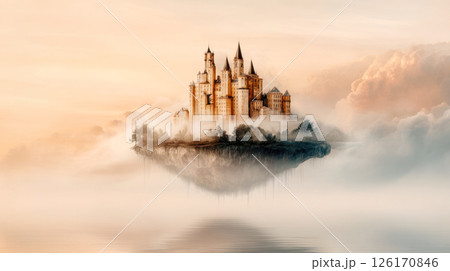 Majestic floating castle surrounded by mist and clouds, reflecting in calm water, creating a serene and enchanting atmosphere of fantasy and wonder 126170846