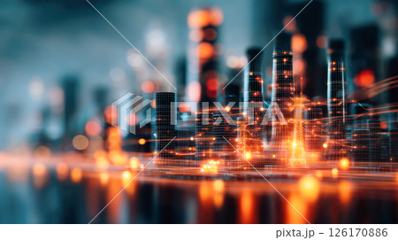 Futuristic city skyline illuminated by glowing lights and digital connections, showcasing advanced technology and urban innovation in a vibrant atmosphere 126170886