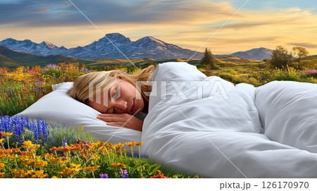 A young Asian woman sleeping sweetly on a bed...のイラスト素材 [126170970] - PIXTA