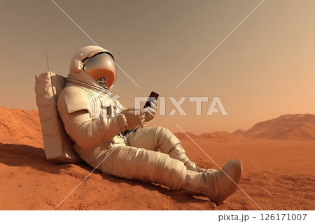 An astronaut sitting on the moon and sends messages to friends and family via smartphone. The astronaut sends heartfelt messages from the moon, reminding us that love transcends distance. 126171007