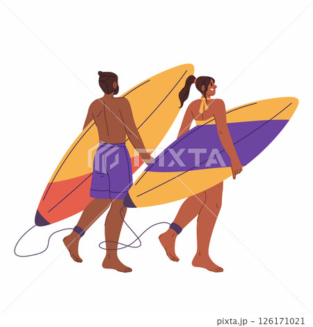 Surfer couple with water board. Vector man and woman with surfboard isolated. Sea or ocean coast sport sign. Surfing seaside vacation or tide or wave riding hobby. Tropical beach lifestyle. Aquatic. 126171021