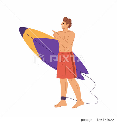 Vector surfer man on beach with surfboard. Coastal water sportsman or extreme sport athlete. Ocean and sea, water board hobby. Surfing vacation or active summer holiday. Aquatic and marine balance. 126171022