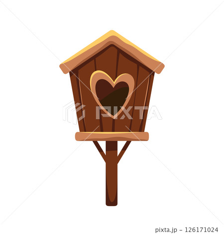 Vector clipart of wooden birdhouse. Nesting shelter or startling box for garden, backyard environment. Home with heart entry hole, wood house for flying animal. Handmade feeder for yard. Aviary fauna. 126171024