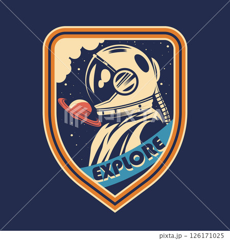 Space exploration patch design or vector label with astronaut helmet and suit, Saturn planet and explore text. Emblem for interstellar travel or universe discovery, science expedition. Astronomy badge Space exploration patch design or vector label with astronaut helmet and suit, Saturn planet and explore text. Emblem for interstellar travel or universe discovery, science expedition. Astronomy badge 126171025