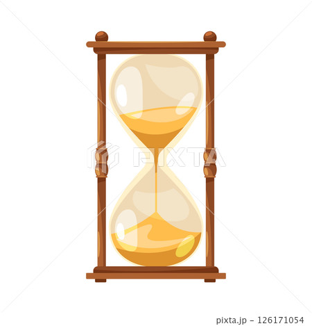 Hourglass with sand. Vector sand clock or sandglass. Antique timer or ancient watch for time measuring. Timepiece for vintage or retro decoration. Glassware timer for countdown. Time and glass item. 126171054