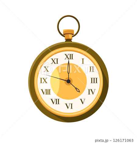 Retro round mechanical pocket watch. Vector classic analog timepiece with roman numbers on dial or clockface. Precision and time item icon. Vintage accessory for timekeeping. Portable timepiece. Retro round mechanical pocket watch. Vector classic analog timepiece with roman numbers on dial or clockface. Precision and time item icon. Vintage accessory for timekeeping. Portable timepiece. 126171063