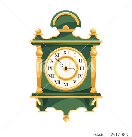 Retro or classic wall clock or watch with roman numeral. Vector round mechanical timepiece with analog clockface or dial. Traditional interior decoration for vintage. Wooden hanging house, home decor. 126171067
