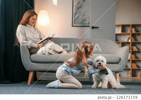 Mother with daughter is at home with maltese dog 126171159