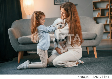 On the floor with pet together. Mother with daughter is at home with maltese dog 126171164