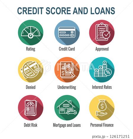 Credit Score and Loans Icon Set with Approved Credit Underwriting Interest Rates Debt Mortgage Refinance Credit Score and Loans Icon Set with Approved Credit Underwriting Interest Rates Debt Mortgage Refinance 126171251