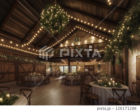Rustic countryside wedding banquet with warm lights, green florals, and elegant white table settings. 126171286