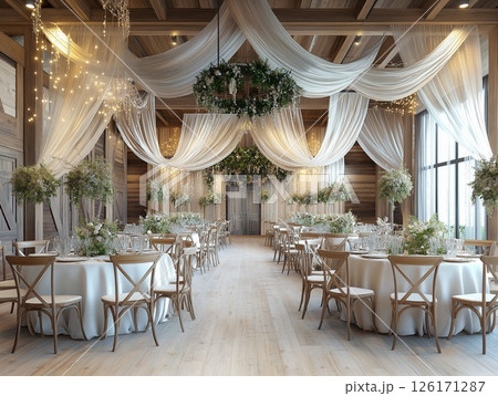 Countryside wedding banquet in rustic wooden venue with warm lights, greenery, and elegant tables. 126171287