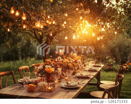 Outdoor wedding banquet with string lights, rustic wooden chairs, white cloth, and pink florals. 126171335