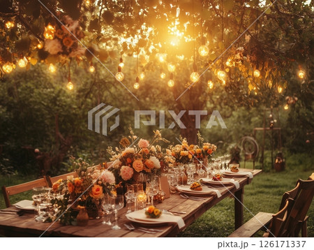 Outdoor wedding banquet with string lights, rustic wooden chairs, white cloth, and pink florals. Outdoor wedding banquet with string lights, rustic wooden chairs, white cloth, and pink florals. 126171337