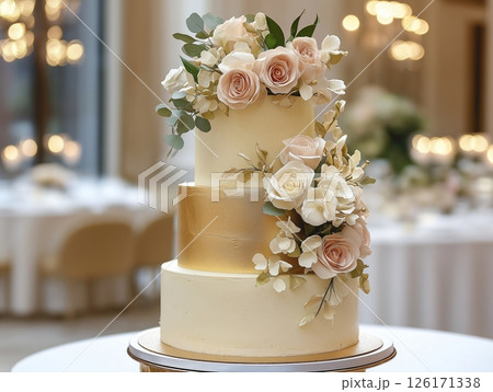 Elegant wedding cake decorated with flowers, perfect centerpiece for a romantic celebration. 126171338