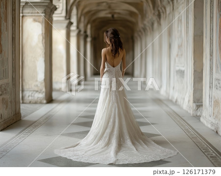 Bride standing back to camera in historic building with colonnade, elegant and classic scene. 126171379