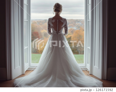 Bride in white dress standing back to camera by open panoramic window, soft natural light. 126171592