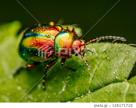 Colorful dead-nettle leaf beetle Resting on Vibrant Green Leaf in Macro Close-Up 126171728