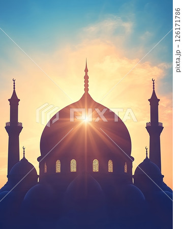 Majestic Mosque Silhouette at Sunset Islamic Architecture Spiritual Serenity Golden Hour Majestic Mosque Silhouette at Sunset Islamic Architecture Spiritual Serenity Golden Hour 126171786